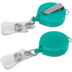 A teal retractable ID holder with a clip and clear attachment. The design features a smooth, round shape.