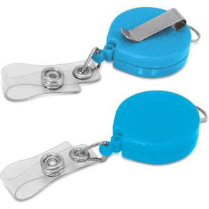 A blue Alta Retractable ID holder featuring a clip and a clear strap for securing identification cards.