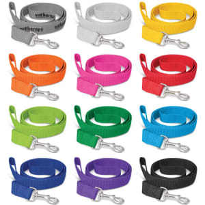 A variety of Trek Dog Leashes in multiple colours, featuring metal clips and strong fabric straps.