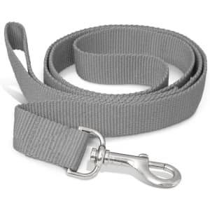 A grey dog leash with a metal clip at one end. The leash is made of durable material and is coiled neatly.