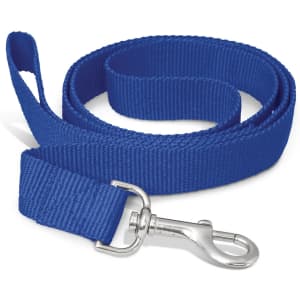 A blue dog leash made from durable fabric with a metal clip at one end for securing to a collar or harness.