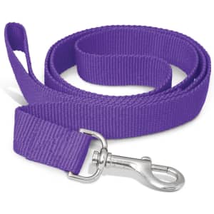A purple dog leash with a metal clip at one end.