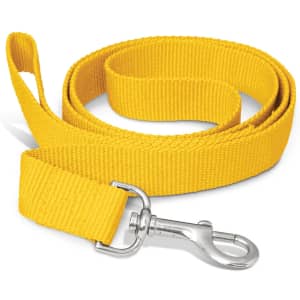 A yellow dog leash with a sturdy metal clip for attachment.