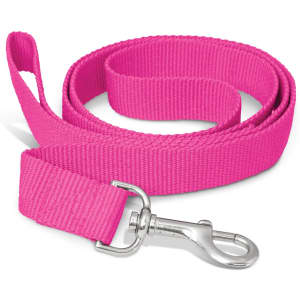 A pink dog leash made of durable material, featuring a metal clip at one end for attachment.