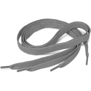 A pair of gray shoe laces with tapered ends, designed for threading through shoe eyelets as a clothing accessory.