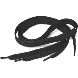 Black shoe laces with tapered ends, made from durable material.