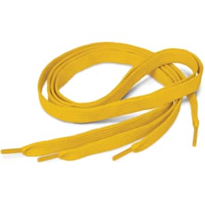 A pair of bright yellow shoe laces with rounded tips.