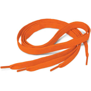 Orange shoelaces are neatly coiled, featuring a textured surface and capped ends.