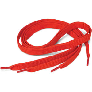 A pair of red shoe laces with rounded tips, neatly coiled.