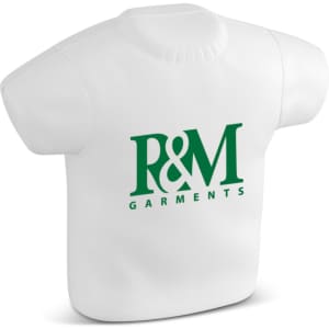 A white stress T-shirt shaped like a garment with a logo on the front.