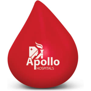 A red, teardrop-shaped stress ball featuring a logo. Ideal for stress relief and fun.