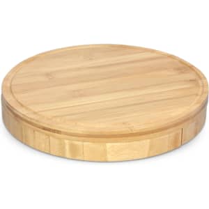 A round bamboo cheese board with a smooth surface and a textured edge, featuring a simple design.