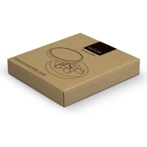 A round cheese board packaged in a brown cardboard box with a simple design, featuring a logo.