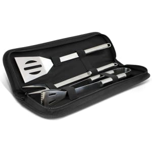 A BBQ toolset featuring stainless steel spatula, tongs, and fork, housed in a compact black case.