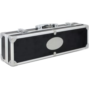 A black BBQ set case with silver accents and a handle, featuring metal clasps and an empty oval label area.