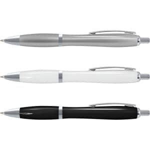 Three plastic pens in silver, white, and black colours, each featuring a metallic clip and accents.