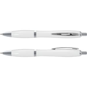 A pair of white plastic pens with chrome accents, featuring a sleek design and a smooth finish.
