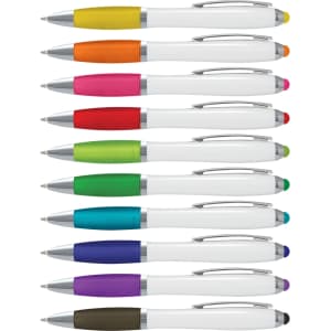 A collection of stylus pens with white barrels, featuring colourful grips in various shades including orange, pink, and green.
