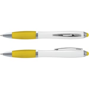 A stylus pen with a white barrel and yellow accents, featuring a sleek design and chrome details.
