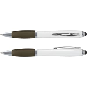 A stylus pen with a white barrel and a dark green grip, featuring a shiny chrome clip and a stylus tip at one end.