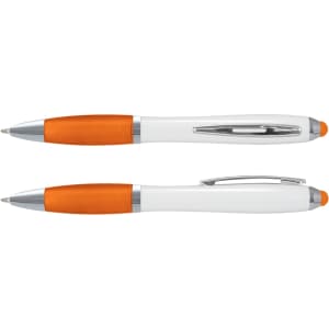 A stylus pen featuring a white barrel with orange accents and a silver clip. The pen has both a ballpoint and a stylus tip.