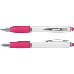 A stylus pen with a white barrel and pink accents, featuring a chrome clip and tip. It has a logo on the barrel.