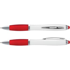 A sleek stylus pen with a white barrel and red accents, featuring a shiny clip and tip.