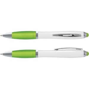 A stylus pen with a white barrel and green accents, featuring a retractable design and a clip.