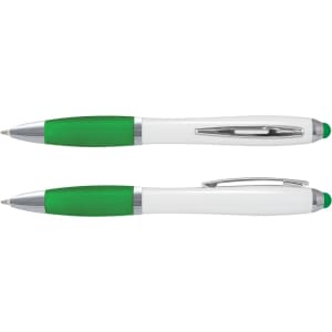 A white barrel stylus pen with green accents. The pen features a sleek design with a chrome clip and tip.