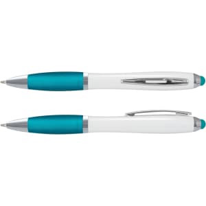 A stylus pen with a white barrel and teal accents, featuring a chrome clip and tip.