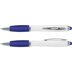 A stylus pen with a white barrel and blue grip, featuring a silver clip and a branding logo.