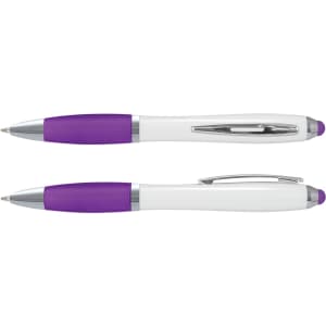 A stylus pen with a white barrel and purple accents, featuring a shiny silver clip and tip.
