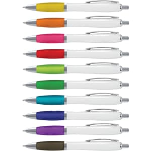 A collection of Vistro pens featuring white barrels and colourful grips in yellow, orange, pink, green, blue, and purple.