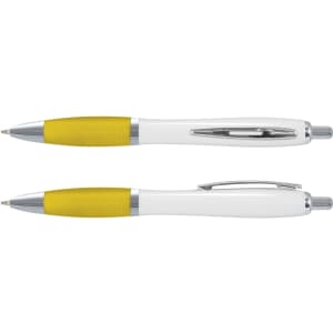 A plastic pen with a white barrel and yellow grip, featuring chrome accents and a clip.