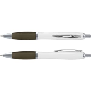 A white barrel pen with a green grip and chrome accents, featuring a logo on the side.