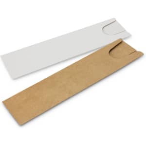 Two slim packaging sleeves in white and brown cardboard, designed for holding writing instruments.