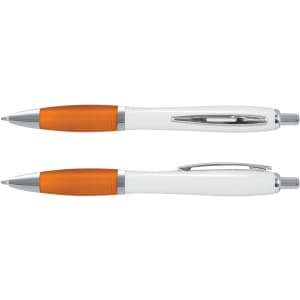 A plastic pen with a white barrel and orange grip, featuring a silver clip and trim.