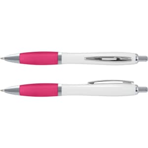 A white barrel pen with a pink grip and chrome accents, featuring a clip and a logo.