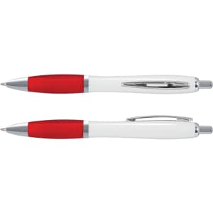 A plastic pen with a white barrel and red accents, featuring silver detailing and a logo.