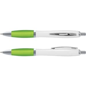 A plastic pen with a white barrel and a green rubber grip, featuring silver accents.