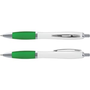 A promotional pen featuring a white barrel and green accents, with chrome detailing and a clip.