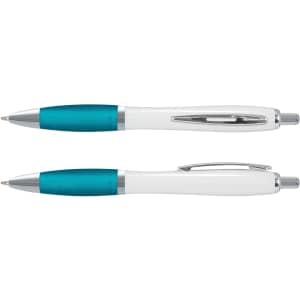 A Vistro Pen with a white barrel and turquoise accents. The pen features a sleek design and a chrome clip.