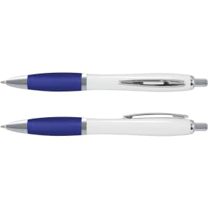 A Vistro Pen with a white barrel and blue grip, featuring chrome accents and a clip for convenience.