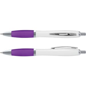 A white plastic pen with a purple grip and chrome accents, featuring a logo on the barrel.