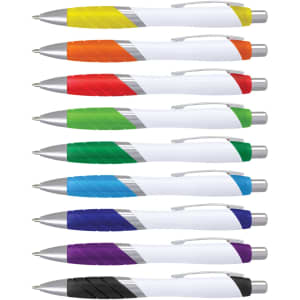 A selection of plastic pens with white barrels and various coloured grips: orange, yellow, green, blue, purple, and black.
