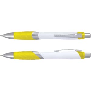 A pen with a white barrel and yellow grip, featuring a silver clip and tip.