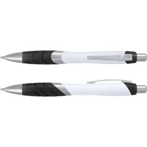 A white barrel pen with black grip and silver accents, featuring a logo on the side.