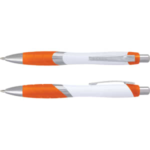 A white plastic pen with orange accents and a silver clip. It features a textured grip for comfort.