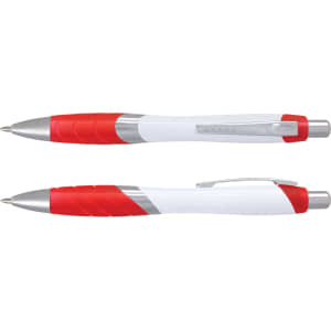 A plastic pen with a white barrel and red accents, featuring a silver clip and grip sections.