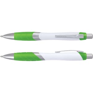 A Borg Pen featuring a white barrel with green accents and a textured grip. The pen includes a silver clip and tip.